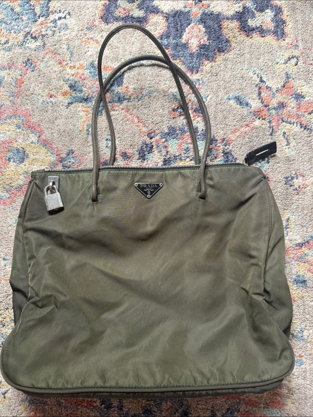 Prada Olive Green Nylon Tote with Padlock